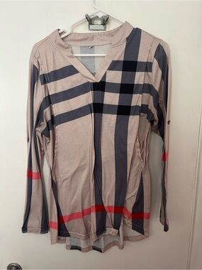 Plaid Long Sleeve V-Neck Nursing Top in Beige, Black & Red